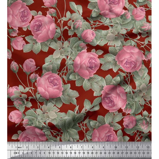 Soimoi Tissu Popeline de Coton Rouge Feuilles & Roses Imprimés de Tissu au Mètre 42 Pouces de Large