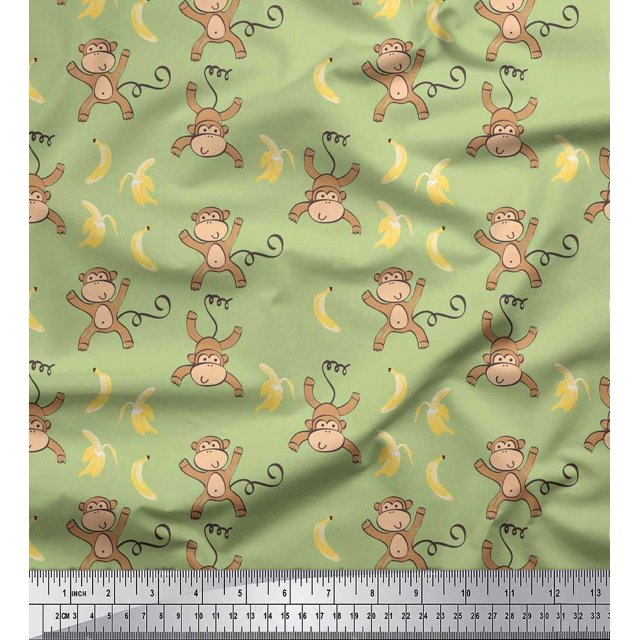 Soimoi Poly Georgette Fabric Banana & Monkey Kids Fabric Prints by Yard 52 Inch Wide
