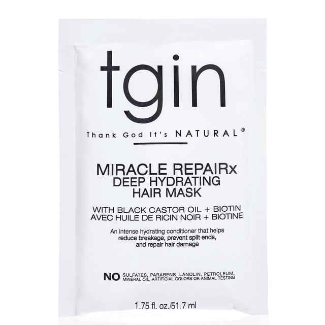 Miracle RepaiRx Deep Hydrating Hair Mask 1.75oz sachet by Thank God It's Natural, a hydrating hair treatment with black castor oil and biotin that reduces breakage, prevents split ends, and repairs damage, free from sulfates, parabens, and artificial colors.