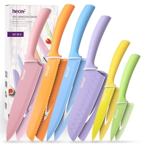 Hecef 6 Pièces Kitchen Knife Set, Couteaux en acier inoxydable enduit de couleur avec garde-lames