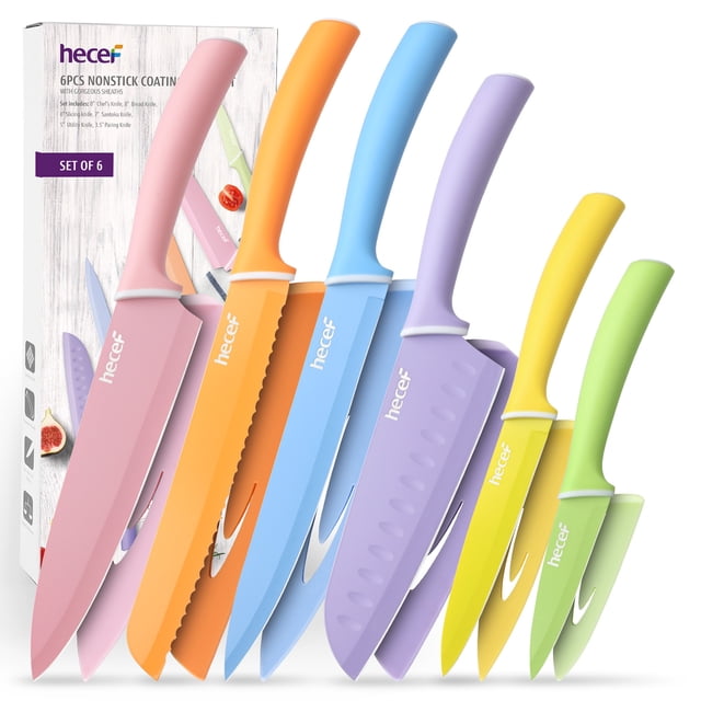 Hecef 6 Pieces Kitchen Knife Set, Colorful Coated Stainless Steel Knives with Blade Guards