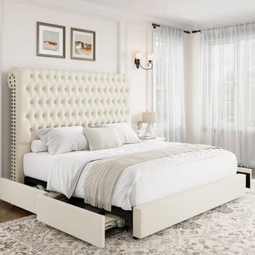 Homfa Queen Size Storage Bed with 54.7" Tall Headboard and Drawers for Bedroom, Off-white