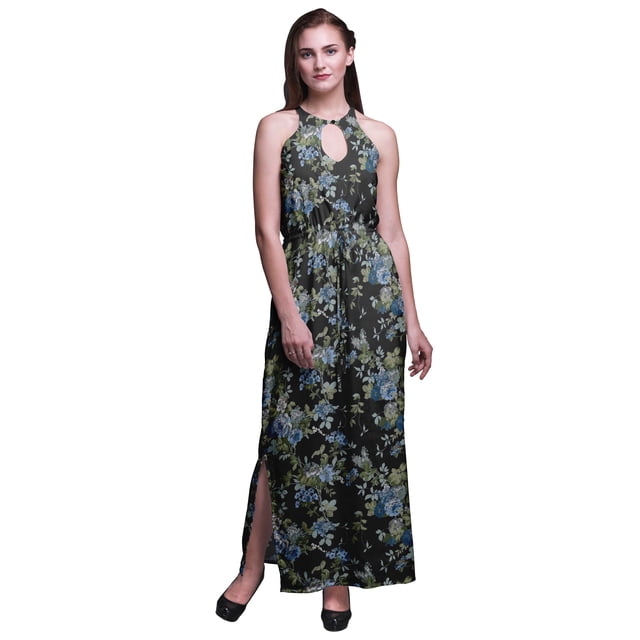 Bimba Robe Longue Décontractée à Col Licou pour Femme avec Fentes Latérales, Imprimée, Tenue de Fête - X-Grand