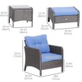 thumbnail image 3 of Outsunny 5 Pieces Wicker Patio Furniture Sofa Set Thick Padded Cushions, Outdoor PE Rattan Conversation Coffee Set with Armchairs, Footstools and Glass Top Table, Blue, 3 of 10