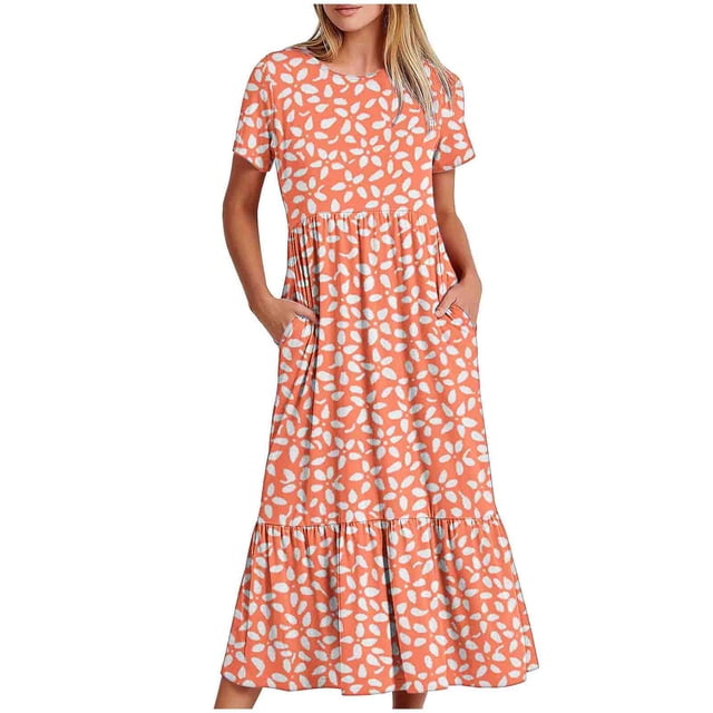 Pisexur Robes d'Été pour Femmes à Col Rond, Robe Fluide Plissée Tendance à Manches Courtes, Mode avec Poche, Robe d'Été de Plage Évasée à Imprimé Floral