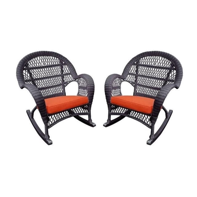 Jeco Wicker Rocker Chair in Espresso with Orange Cushion (Set of 2)