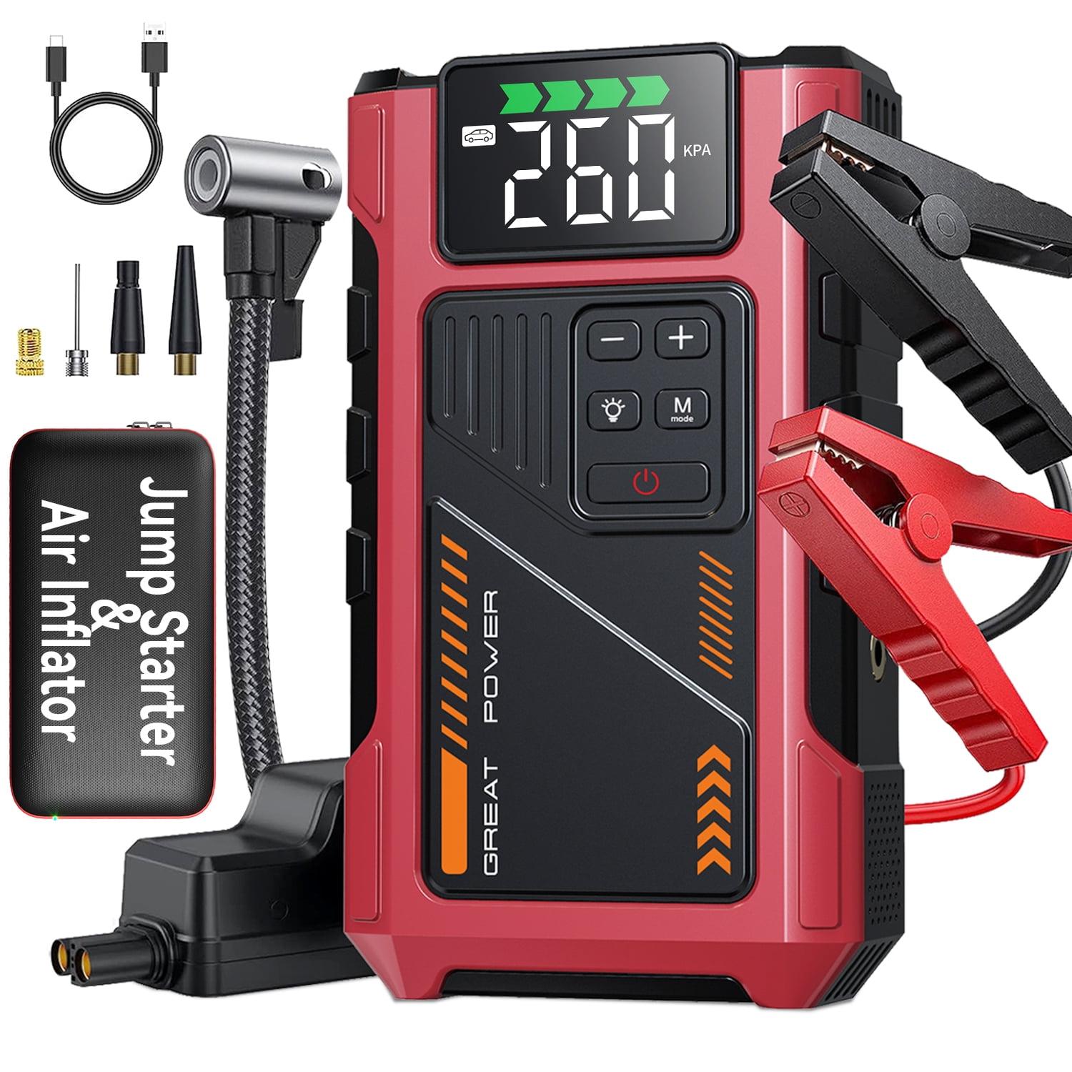 Car Jump Starter with Air Compressor Combo 4000A Portable Jump Box, 12V Car Battery Booster with 150PSI Tire Inflator for 7.5L Gas/6.0L Diesel Engines Vehicle Emergency Kits