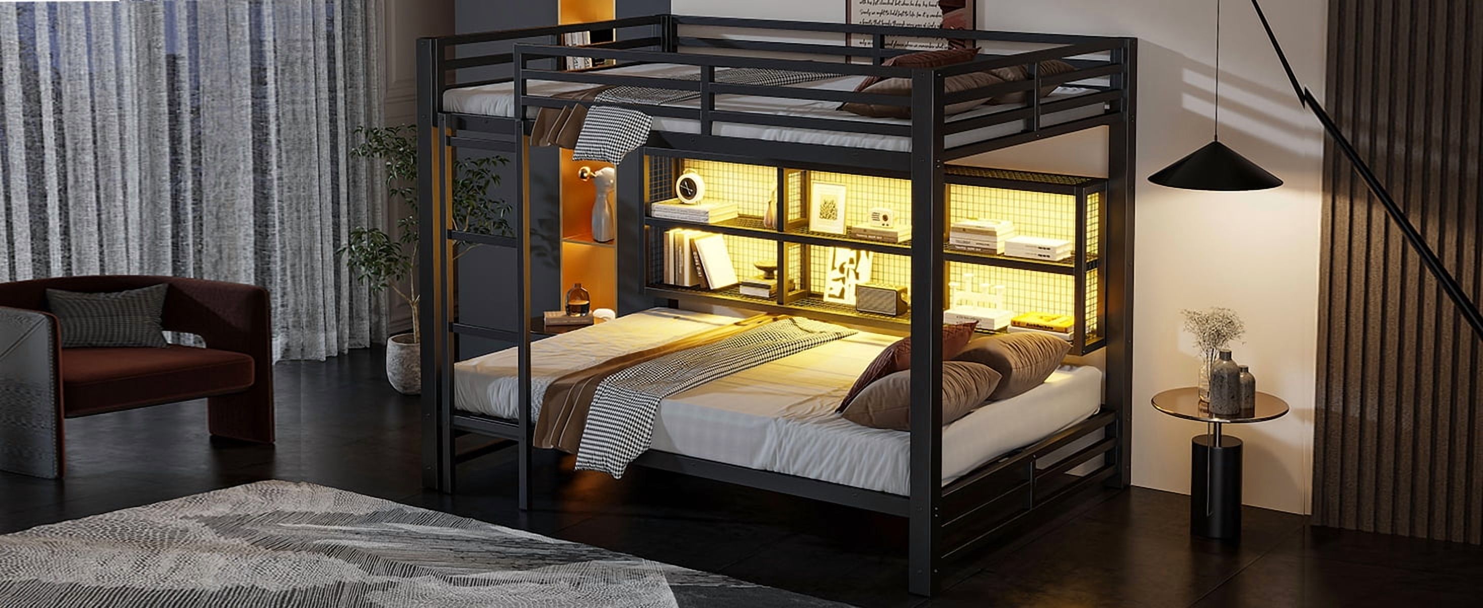 Noble House Metal Queen over Queen Bunk Bed with Storage Cabinets and LED, Black