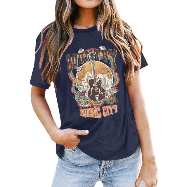 LUOGENLI T-shirts pour Femme pour Femmes T-Shirt Décontracté Imprimé à Col Rond Uni à Manches Courtes T-Shirt T-shirts pour Femmes T-Shirt Graphique Saint-Valentin Bleu Foncé S