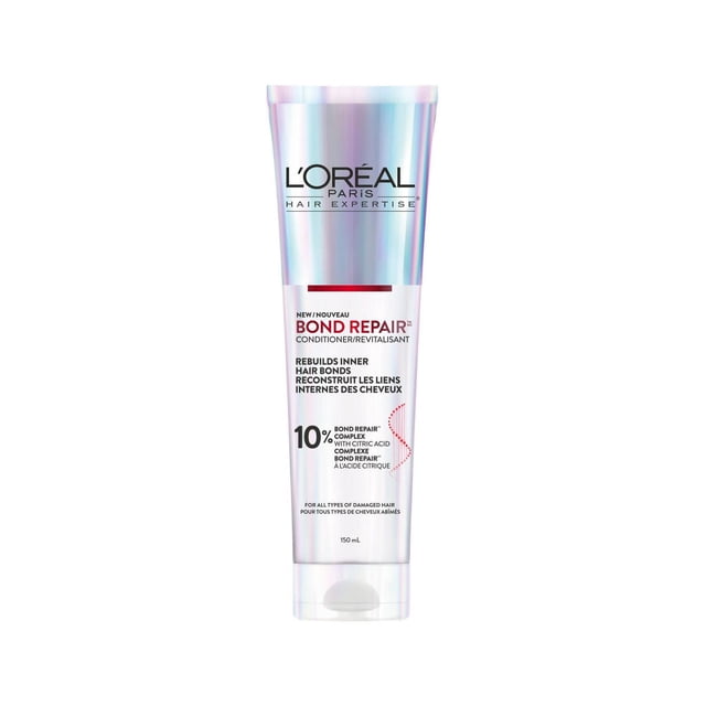 L'Oréal Paris Bond Repair Conditioner, 150ml, iridescent tube with black and red text, formulated with 10% Bond Repair Complex and citric acid to rebuild inner hair bonds and seal cuticles, ideal for all types of damaged hair and strengthening hair fibre.