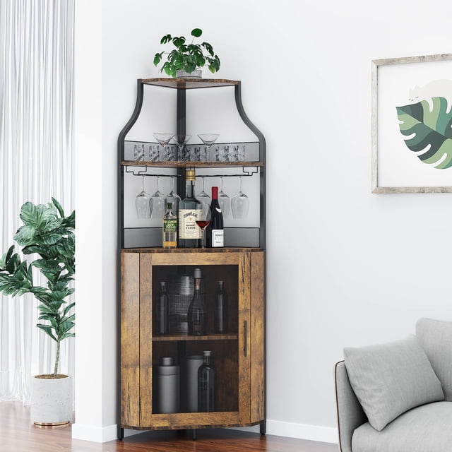 Armoire de Bar d'Angle, Armoire à Vin Moderne avec Tablettes de Rangement et Porte en Treillis, Armoire de Rangement pour Alcools de Bar à Domicile avec Support en Verre pour Salon, Salle à Manger