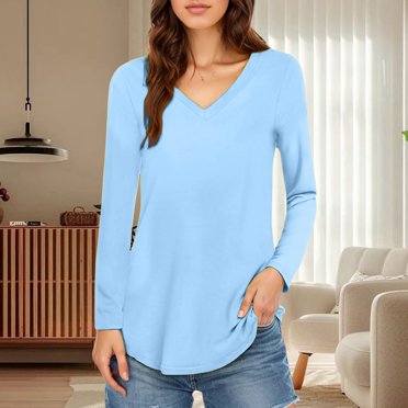 T-Shirt à Manches Longues à Col en V Uni pour Femmes pour un Style Décontracté et à Porter