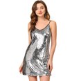 thumbnail image 1 of INSPIRE CHIC Robe pour Femme Paillettes Scintillantes Col en V Bretelles Ajustables Robe de Bal Courte TG Argent (avec Noir), 1 of 5