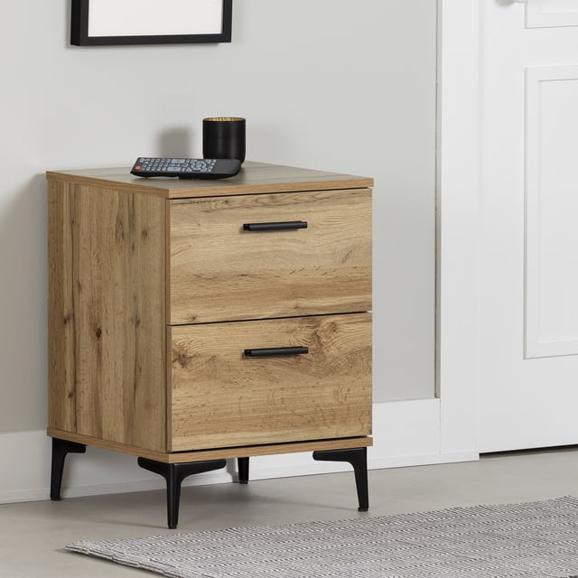 South Shore Slendel 2-Drawer Side Table with Metal Legs, in Nordik Oak