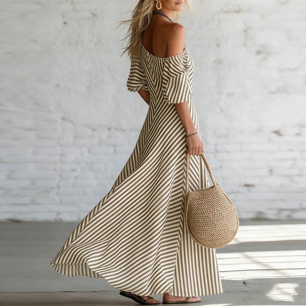 one shoulder boho maxi dress for Women Puff Sleeve Striped Loose Casual Flowy Rayon Beach Dress, Multicolor, S-XXXL bodycon dress casual MISSKY Women's Long Sleeve Color:Dusty Purple