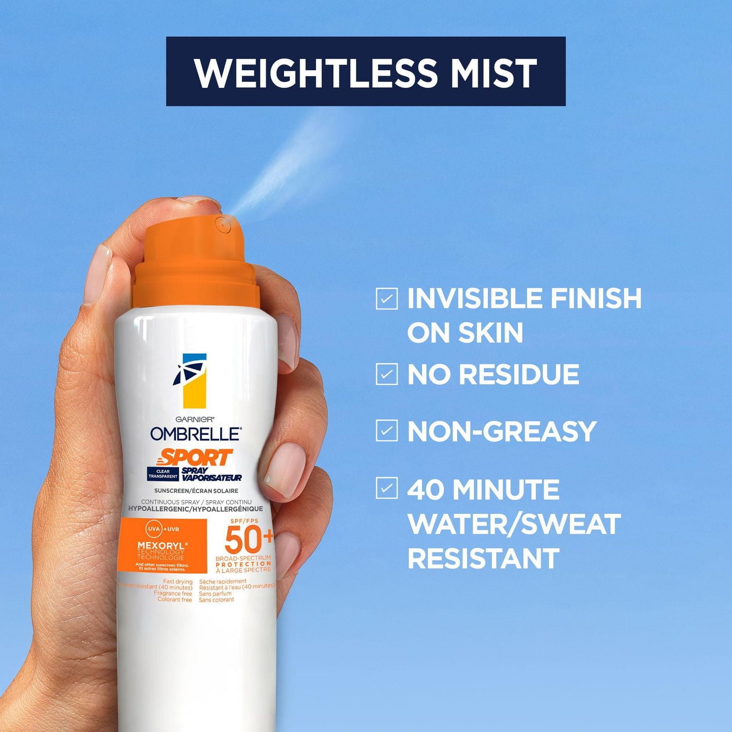 Garnier Ombrelle Spray solaire Sport, FPS 50+, résistant à l'eau et à la transpiration, large spectre de protection UVA/UVB, formule non grasse, séchage rapide, pour une utilisation active, 122 g