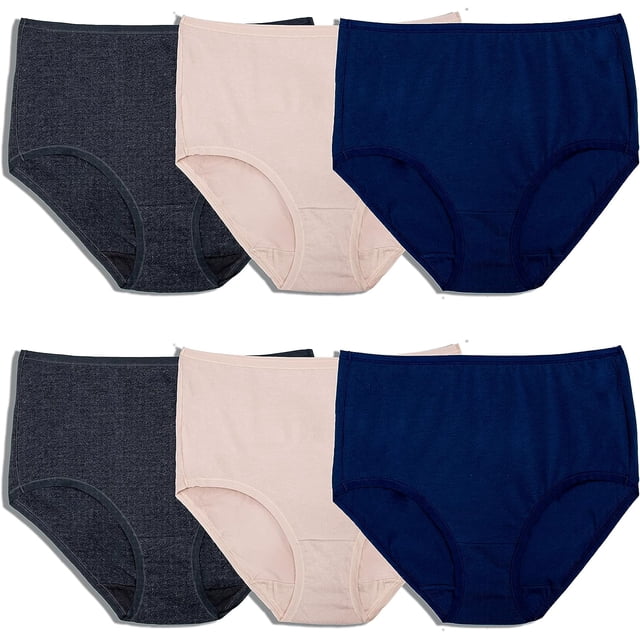 Fruit Of The Loom Womens 360 Stretch Comfort Cotton Brief Panty Assorted 6 Pack, designed for women’s everyday comfort. Includes six briefs in assorted colours such as navy, pink, and charcoal grey. Made with a premium cotton tri-blend fabric for stretch and durability, featuring a tag-free design and elastic waistband that stays in place without rolling or pinching. Ideal for women’s intimates and briefs collection.