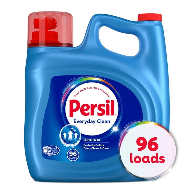 Persil Original Everyday Clean Liquid Laundry Detergent, 4.43L, 96 Loads, blue plastic jug with handle and red cap, label highlights advanced deep clean, fabric care to protect colours and whites, effective in all water temperatures including cold, suitable for all washer types including HE machines.
