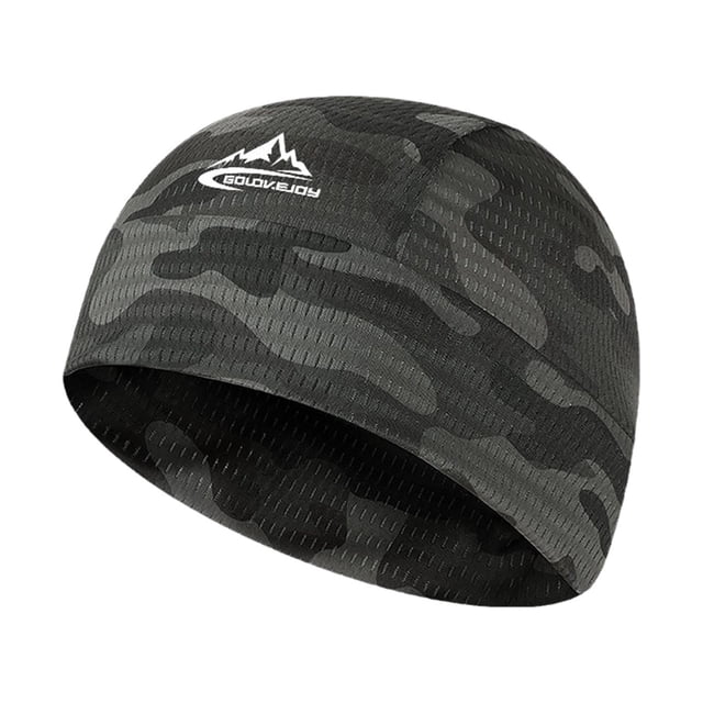 Cycling Caps Sweat Wicking Helmet Liner Bike Hats Skull Caps Head Cap featuring a dark camouflage design. Made from quick-drying polyester with breathable perspiration holes for ventilation. Fits head circumferences of 54-58cm, ideal for cycling, running, and hiking. Lightweight and comfortable with memory rebound technology.