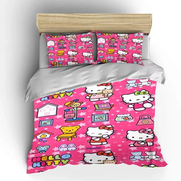 Hello Kitty Cat Bedding Set Sanrio Children Fashion 3 Pieces Set King Size Baby Bed Set US Twin Adult Bed Cover Bedroom sheet WT