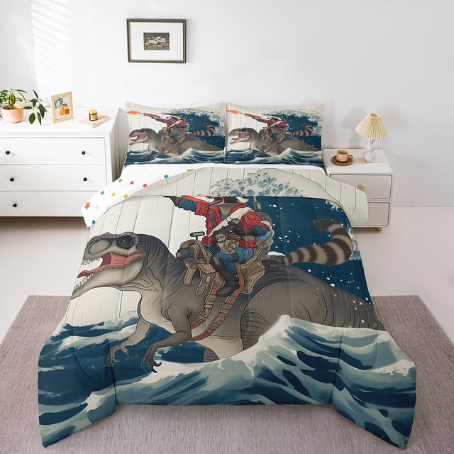 Erosebridal Raccoon Riding Dinosaur Comforter Sets Queen Size,Japanese style Bedding Queen Comforter Set,Ocean Bedroom Decor,Reversible,Ultra Soft,3 Pieces