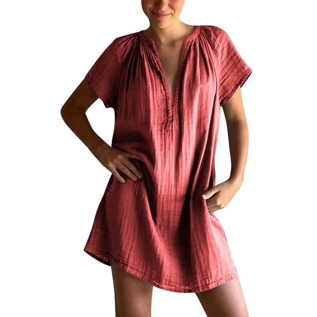 Amzcrzy Robes pour Femmes Grande Taille Robes P-5TG Tendance Couleur Unie Robes d'Été pour Femmes Col en V Manches Courtes Robe d'Été Décontractée Plissée Surdimensionnée Mini-Robe
