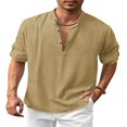 thumbnail image 1 of Men‘s Henley Shirt  Solid Color Long Sleeve Stand Collar Button-Down Loose Simple Linen Beach Tops, 1 of 6