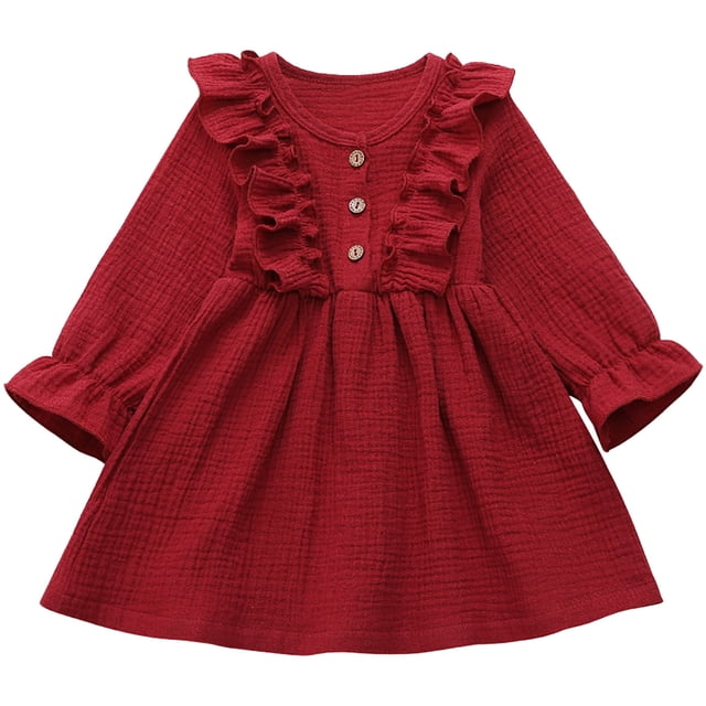 Splozh Fall Long Sleeve Dress Toddler Kids Baby Girl Solid Linen Button Ruffle Party Dress Clothes Red,5-6 Years