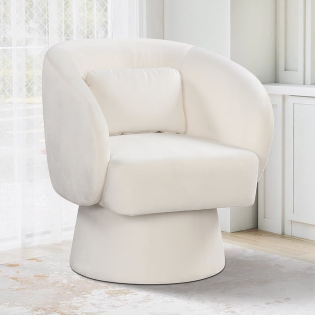 Gymax Fauteuil d'Appoint Pivotant avec Dossier Courbé et Coussin Lombaire Amovible, Rembourré en Tissu Peluche beige. le Fauteuil Présente une Fonction de Rotation à 360 Degrés, une Conception Ergonomique avec Accoudoirs et un Dossier Très Courbé pour un Soutien optimal. Il Est Placé dans un Décor de Salon Lumineux avec un Tapis Doux et des Armoires Blanches en Arrière-Plan.