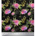thumbnail image 1 of Soimoi Tissu en Coton Cambric Noir Imprimé Feuilles & Roses au Mètre 58 Pouces de Large, 1 of 5