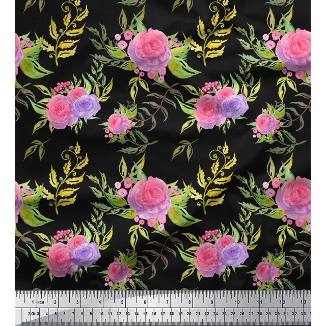 Soimoi Tissu en Coton Cambric Noir Imprimé Feuilles & Roses au Mètre 58 Pouces de Large