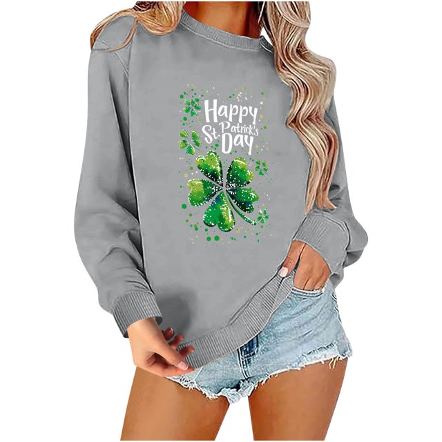 VKOYWKM Chandails de la Saint-Patrick pour Femmes Imprimé Trèfle Irlandais Chanceux Manches Longues Coupe Ample Col Rond Chandail