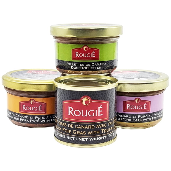 Rougie Foie Gras with Truffle & Spreads 4-Pack - Block of Duck Foie Gras with Truffle, Pate with Foie Gras, Rillettes and Pâté with Orange, Product of Canada