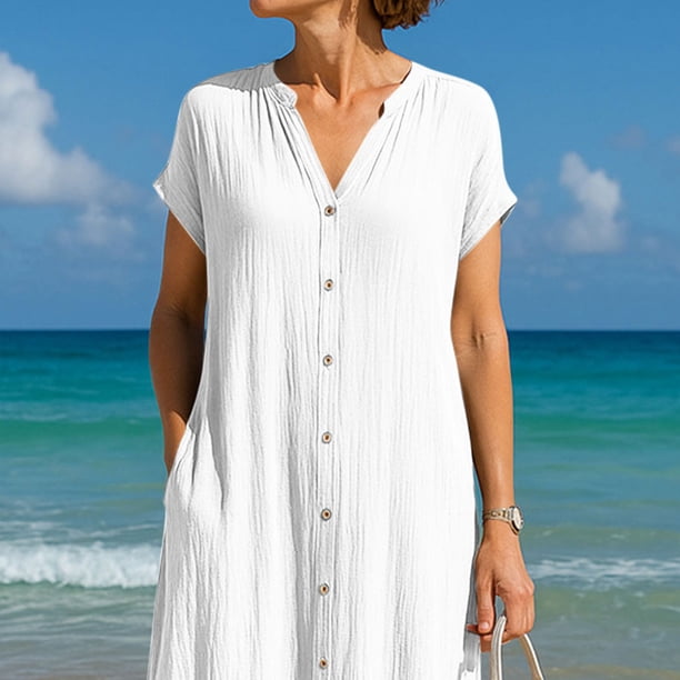 cream maternity dress The Eliza | Smocked Elastic Dress model_adrienne DESIGN:DM11 perfect for maternity Liliana Linen Cotton Dress