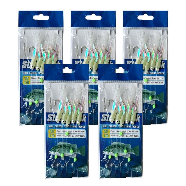 5 Hooks Sabiki Rigs Saltwater Fishing Lures Bait Rigs Real Fish Skin String Hook Mackerel Glow in The Dark Flash Sabiki Rigs 5 bags SIZE 2