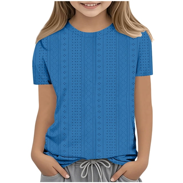 Plebaso Chemises à Illets pour Filles, Manches Courtes, Col Rond, Blouse Ajourée, Hauts d'Été Décontractés pour Enfants 3-12 Ans