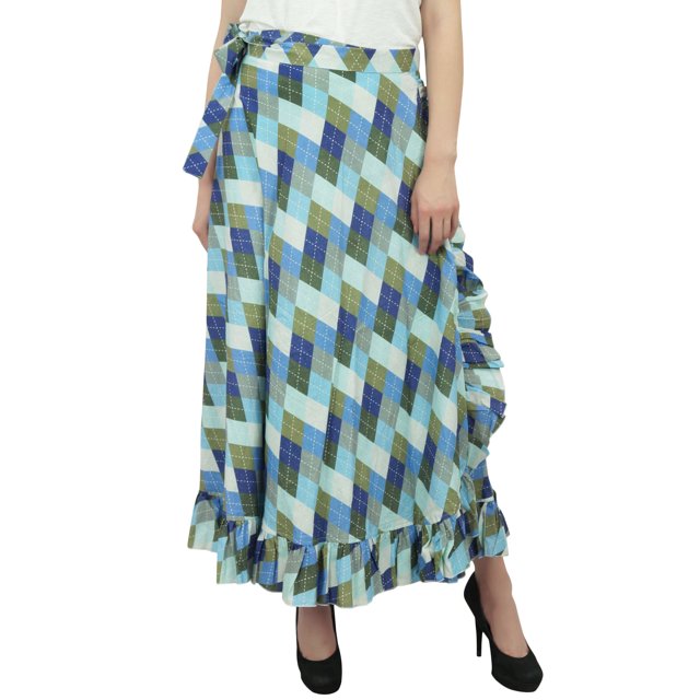 Phagun Jupe Portefeuille à Volants en Coton à Carreaux Multicolores Imprimés pour Femme avec Ceinture