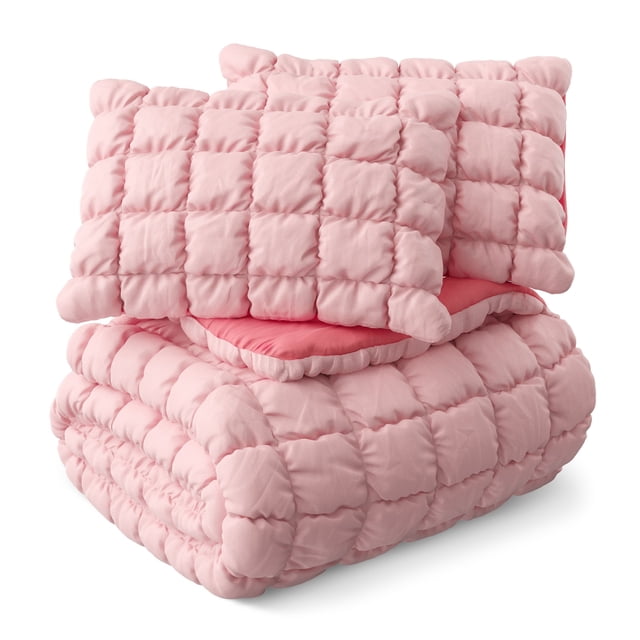 Mainstays Kids Microfiber Pink Solid Puffy Comforter Set, Full/Queen, 3 Pieces