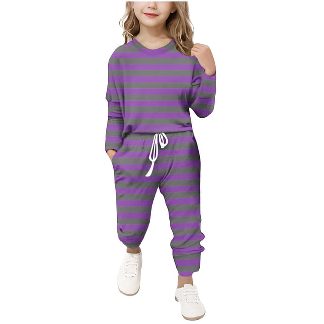 Plebaso Ensemble 2 Pcs Garçons Filles Tenues Rayées Manches Longues Col Rond Hauts Joggeurs Vêtements Décontractés Enfants