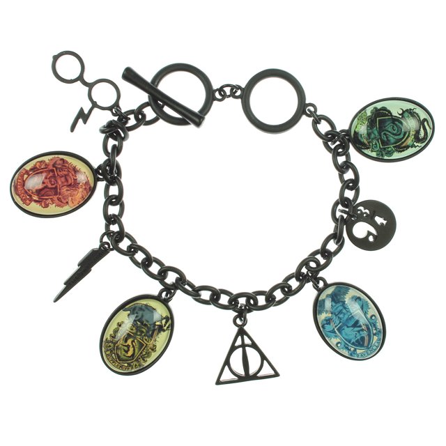Harry Potter Bracelet à Huit Breloques avec Huit Breloques, Incluant les Écussons de la Maison de Poudlard et le Symbole des Reliques de la Mort. le Bracelet Chaîne Présente une Finition Métallique Sombre et Comprend des Graphiques Détaillés sur des Breloques Ovales, Ainsi Que des Symboles Emblématiques Harry Potter comme des Lunettes et un Éclair. Bijoux Harry Potter sous Licence Officielle.