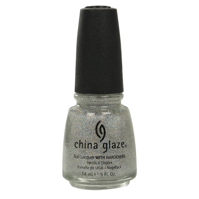 China Glaze Nail Lacquer - Fairy Dust - 0.5 FL OZ clear bottle with holographic glitter nail polish and black textured cap, featuring a professional formula with hardeners for chip resistance and long-lasting shine, often used to add sparkle to nail art designs.