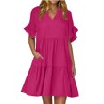 thumbnail image 1 of Robe Midi Évasée à Étages Décontractée pour Femmes, à Volants, Manches Courtes, Col en V, Ligne A, Ample, Robes d'Été Fluides, Robe Chemise Évasée Mini avec Poches, 1 of 6