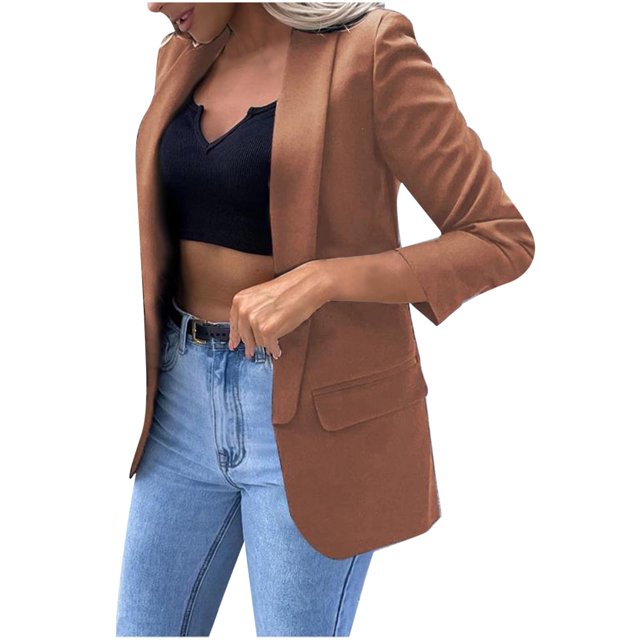 IROINID Veste Blazer Courte pour Femme, Col à Revers, Couleur Unie, Manches Longues, Cardigan de Tailleur pour Dames à Revers, Manteau de Tailleur Décontracté, Kaki