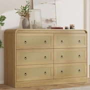Gaderth 49 Inch 6 Drawer Dresser for Bedroom, Rattan Boho Chest of Drawers With Thickened Wood Frame and Curved Profile, Wooden Storage Dresser for Living Room, Hallway, Entryway