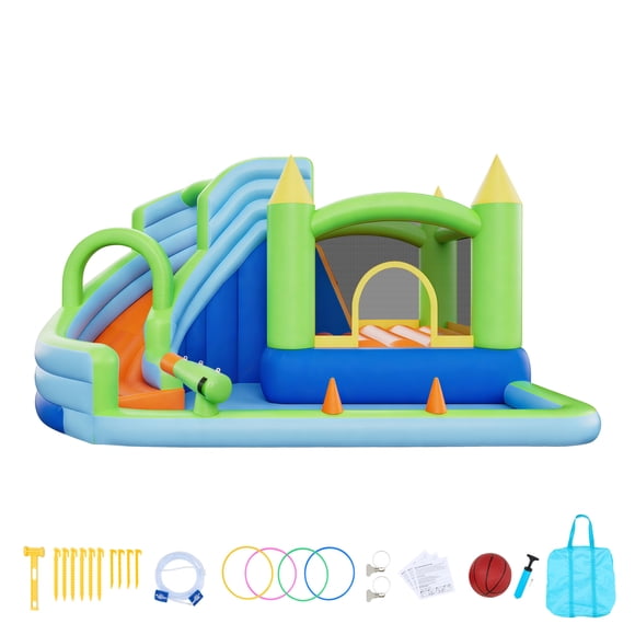 KFFKFF Inflatable Bounce House, 11.3 x 12.3 x 7.0 ft Inflatable Bounce House Water Slide, Bouncer Castle with Castle Bounces, Basketball Hoop, Splash Pool & Water Ring Toss, for 3 to 4 Ages 3 to 8