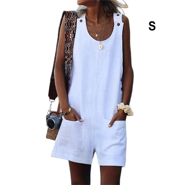 Combinaison Salopette Ample Sans Manches à Col Rond d'Été pour Femme, Combinaison Salopette Élégante Décontractée Unie avec Poches avant, Barboteuse, Plage, Marche, Blanc, P