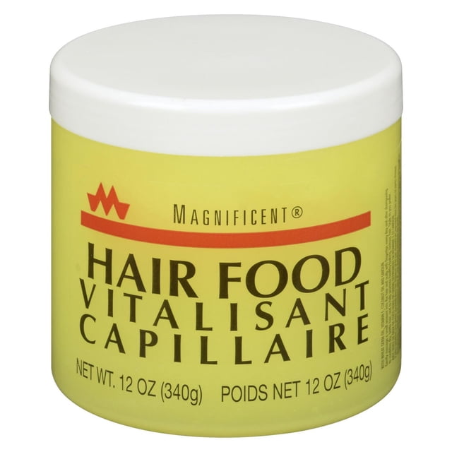 Hair Food by Magnificent in a yellow 12 oz (340g) jar with white lid, containing a moisturizing scalp treatment enriched with wheat germ oil, vitamin E, coconut oil, and lanolin to enhance shine, smooth, and detangle hair, suitable for adult hair care.