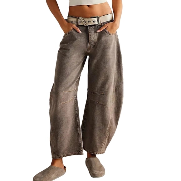 GYUJNB Mid Rise Barrel Jeans for Women Wide Leg Mid Waist Cropped Denim Pants Y2k Baggy Boyfriend Jeans with Pockets,Coffee