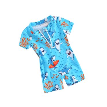 EYIIYE Toddler Boys Rash Guard Swimsuit 0-3Y Infant Baby One-piece Zipper Swimwear Short Sleeve Rompers Shark Print Jumpsuit Crew Neck Bodysuit Kids Cute Casual Cartoon Bathing Suit Beachwear