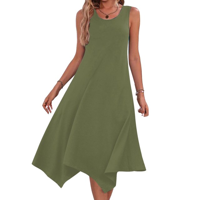 Liquidation d'Été 2025! Robe Grande Taille pour Femmes, Liquidation d'Été pour Femmes, Robes Sans Manches à Col Rond avec Cordon de Serrage, Robe Décontractée à Volants en Ligne A Mini